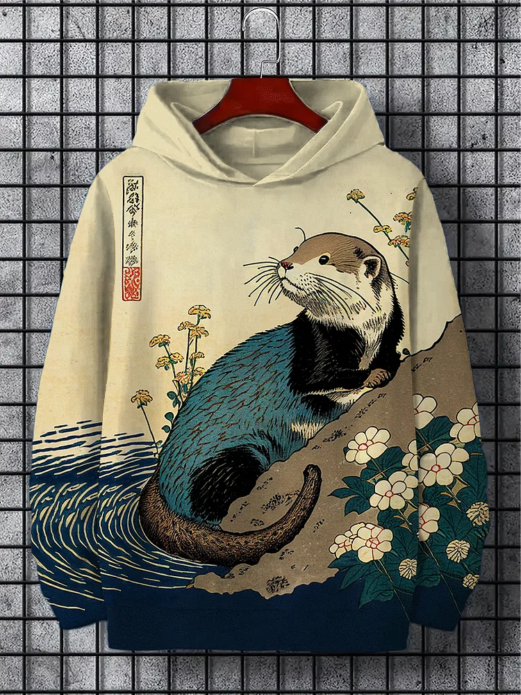 Men s Floral Otter Water Japanese Art Print Casual Hoodie