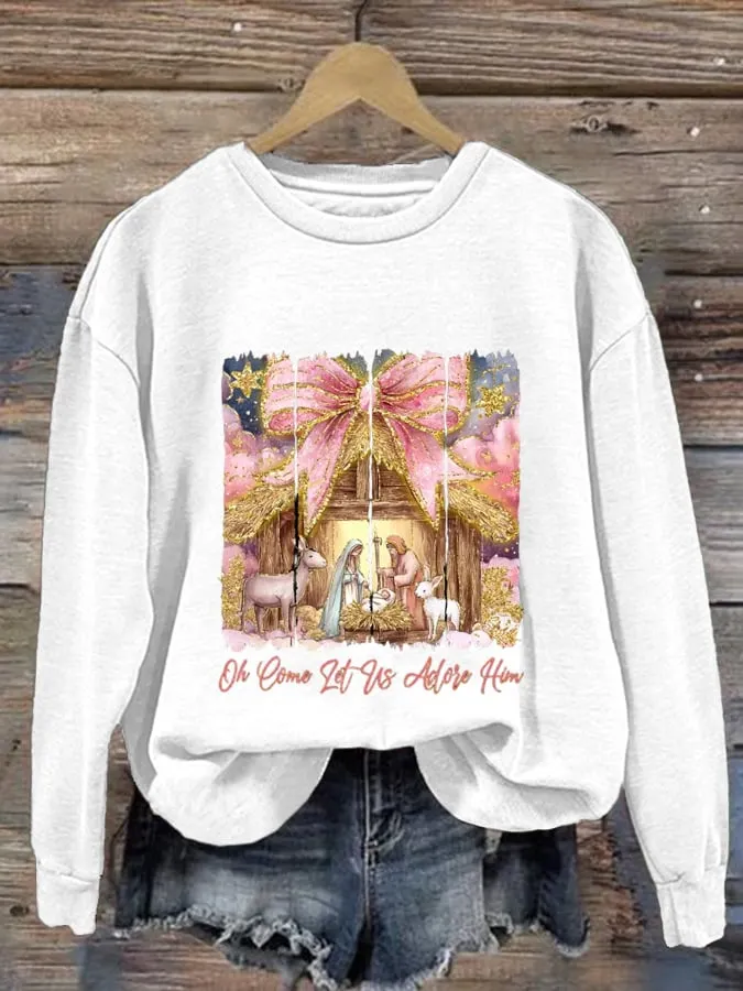 Women's Christmas Faith Nativity Scene Print Sweater 