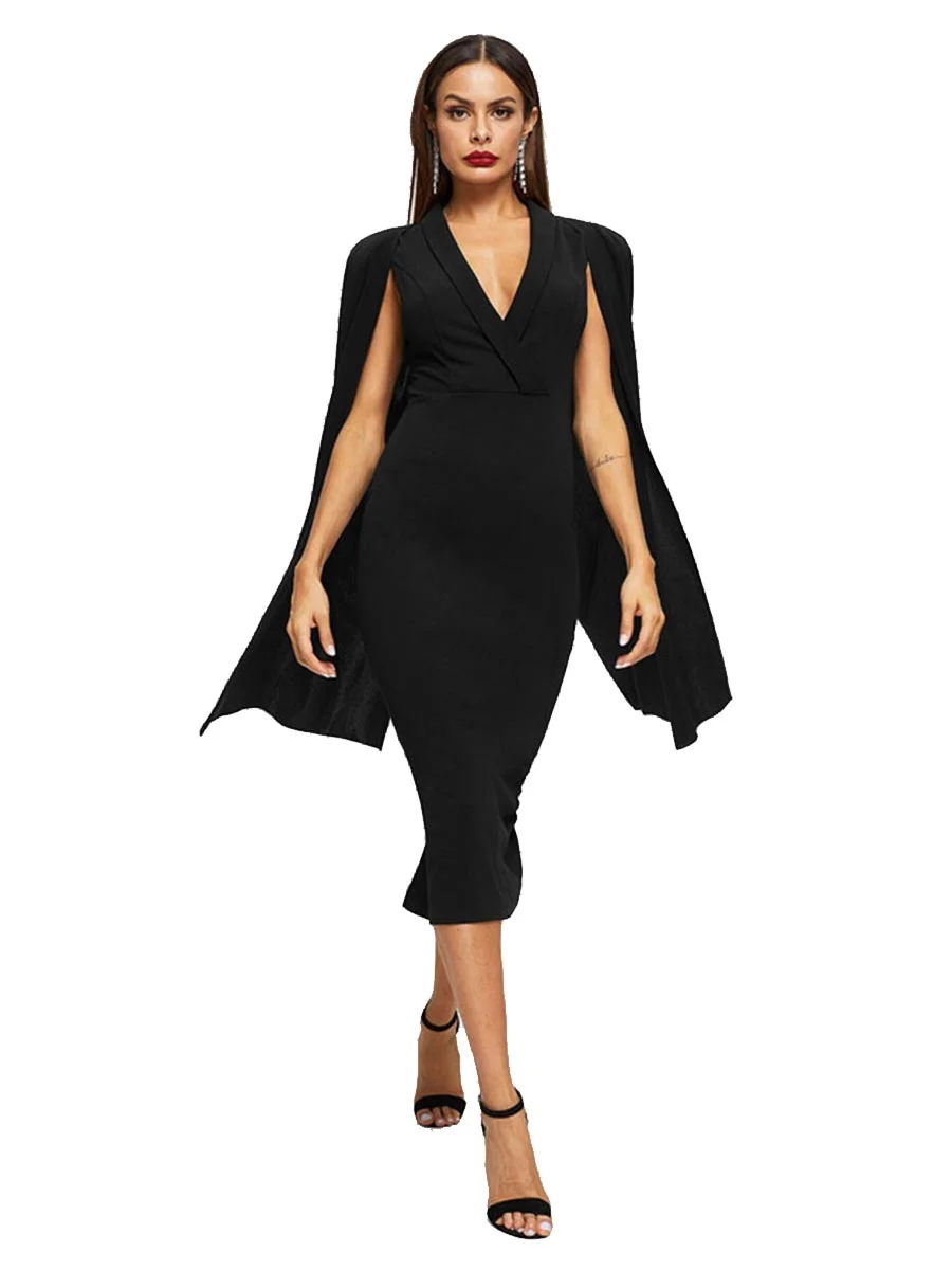 Elegant Party Dress Deep V Neck Cape Sleeve Pencil Dress