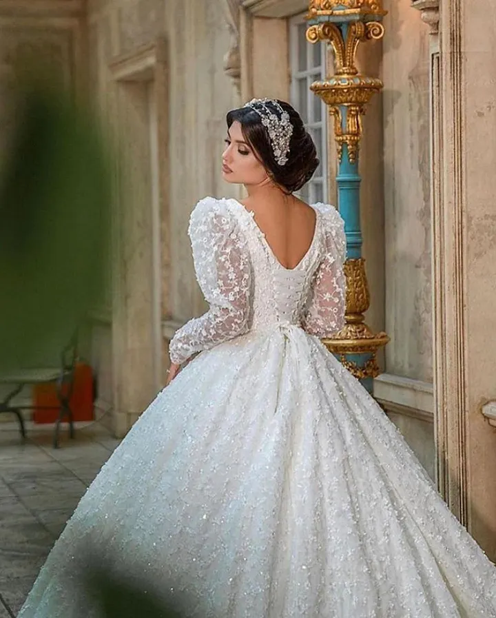 A-Line Deep V-neck Long Sleeve Train Wedding Dress With Appliques Lace