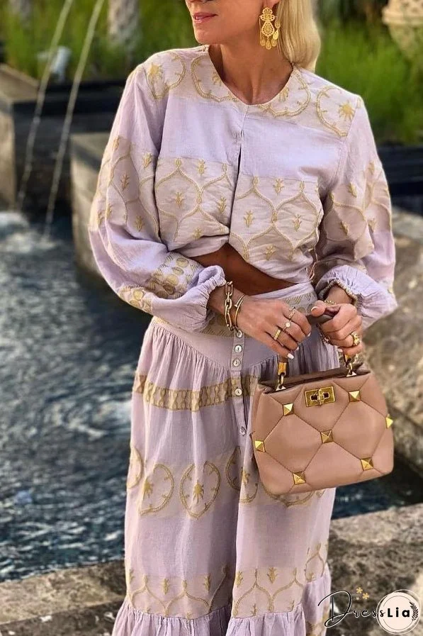 Mustard Yellow Printed Horizontal Long Sleeve Cropped Top