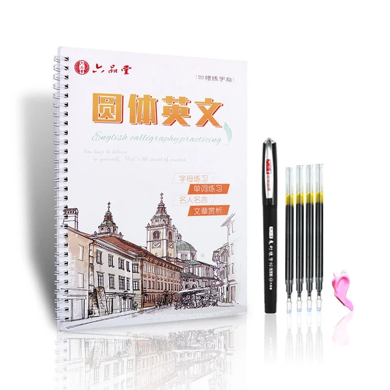 Liu Pin Tang English copybook hand writing round handgroove practice copy English Alphabet word letters auto fades can be reused