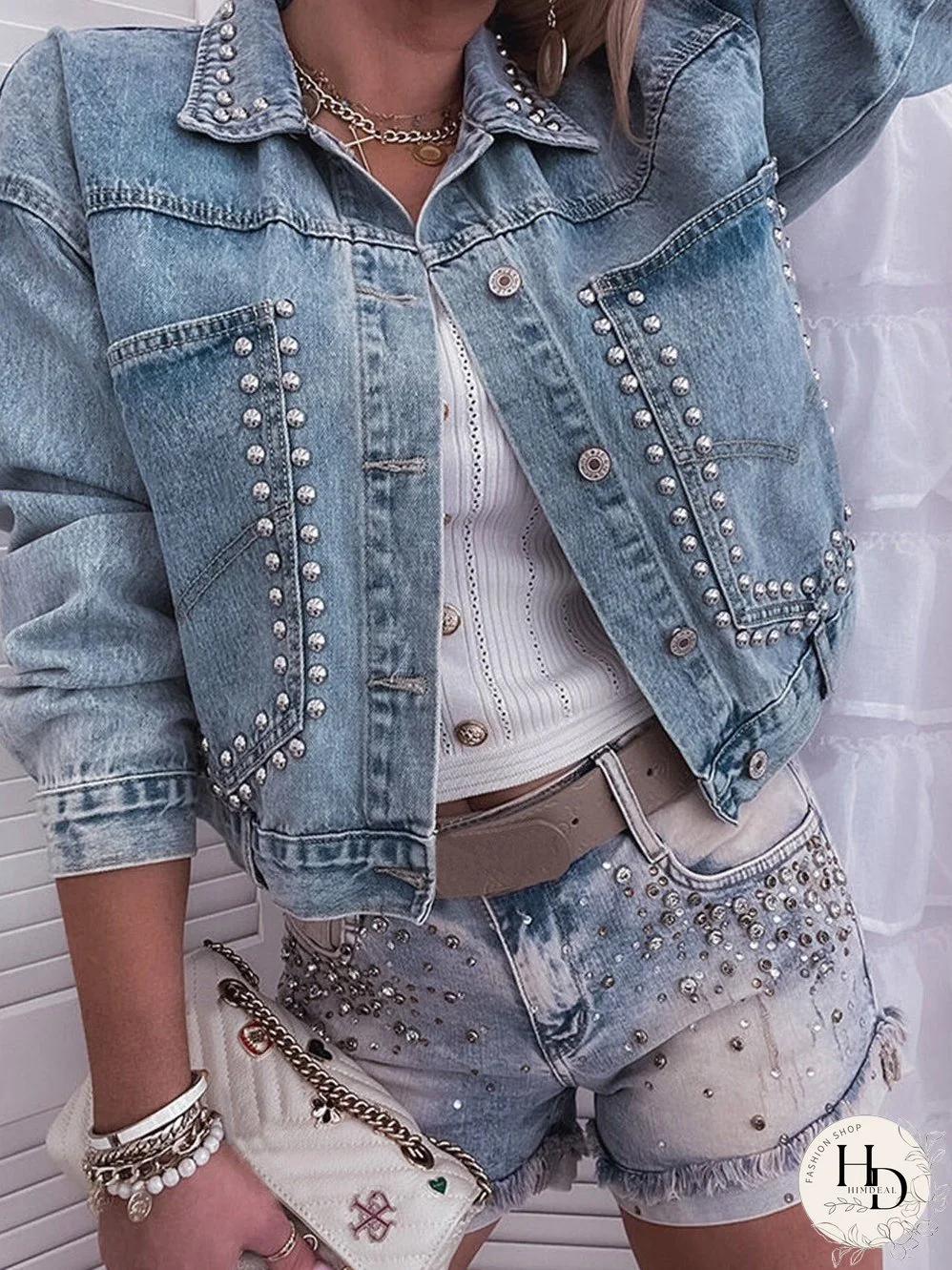Sky Blue Rhinestone Embellished Denim Shacket