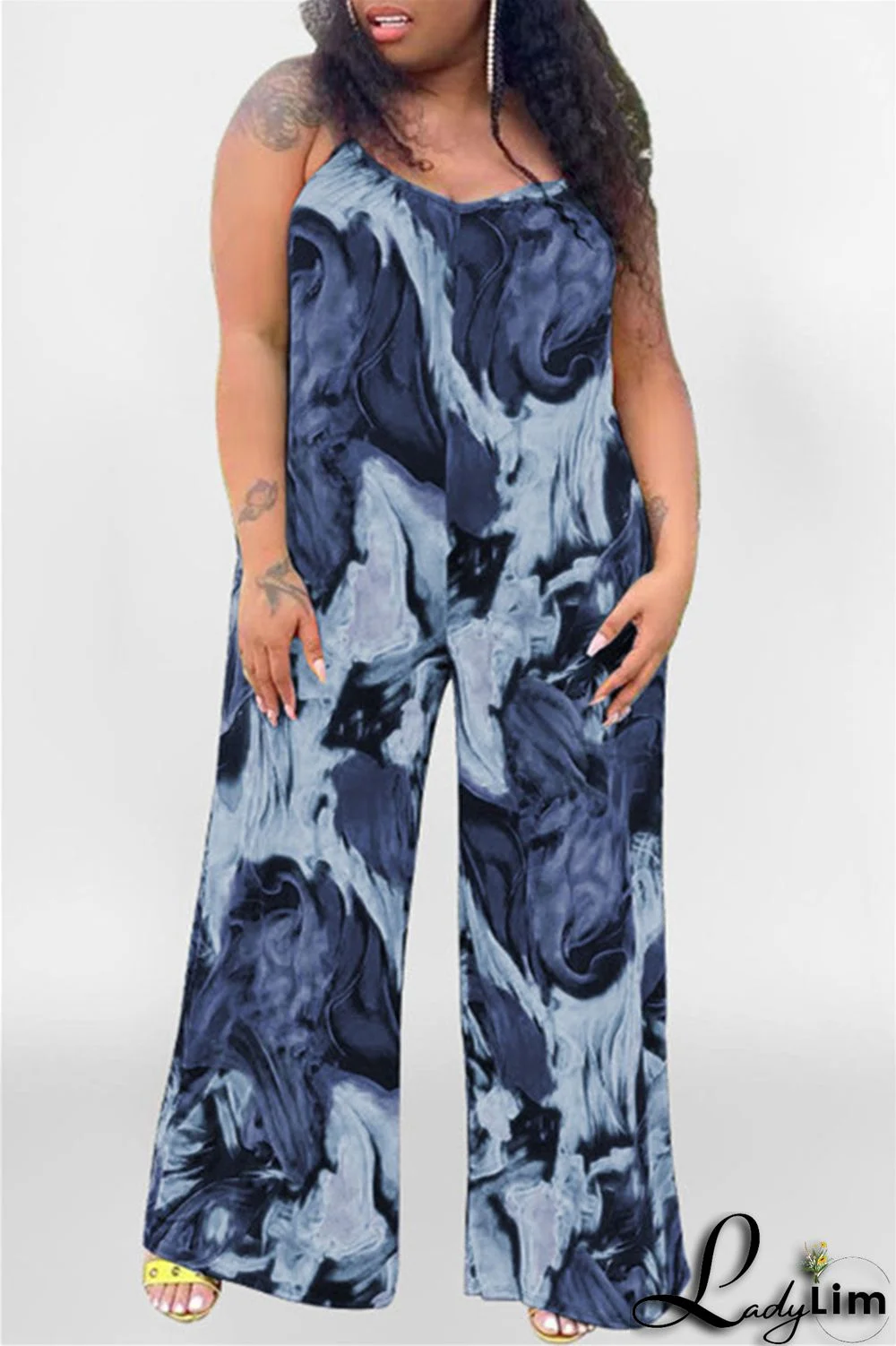 Coffee Sexy Casual Print Backless Spaghetti Strap Plus Size Jumpsuits