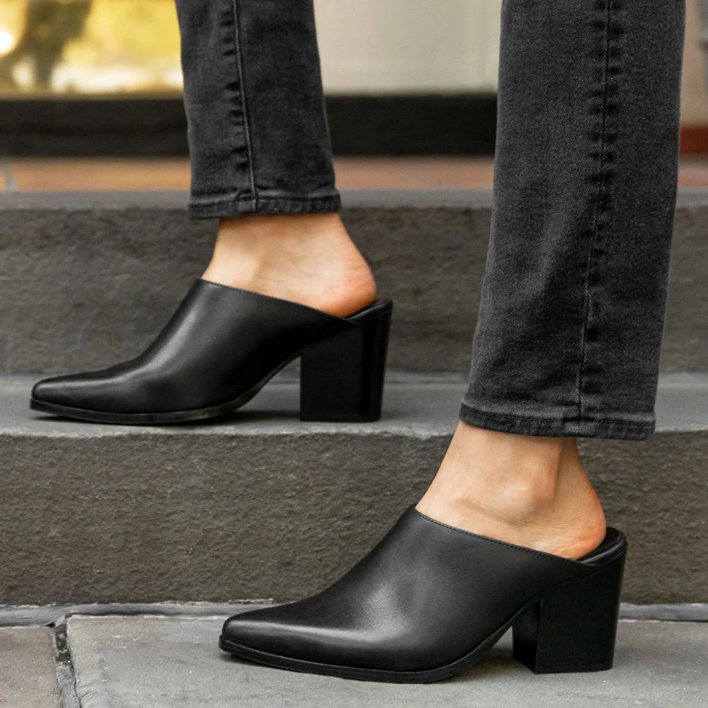 Black Slip-On Chunky Heel Mule Shoes for Women with Pointed Toe