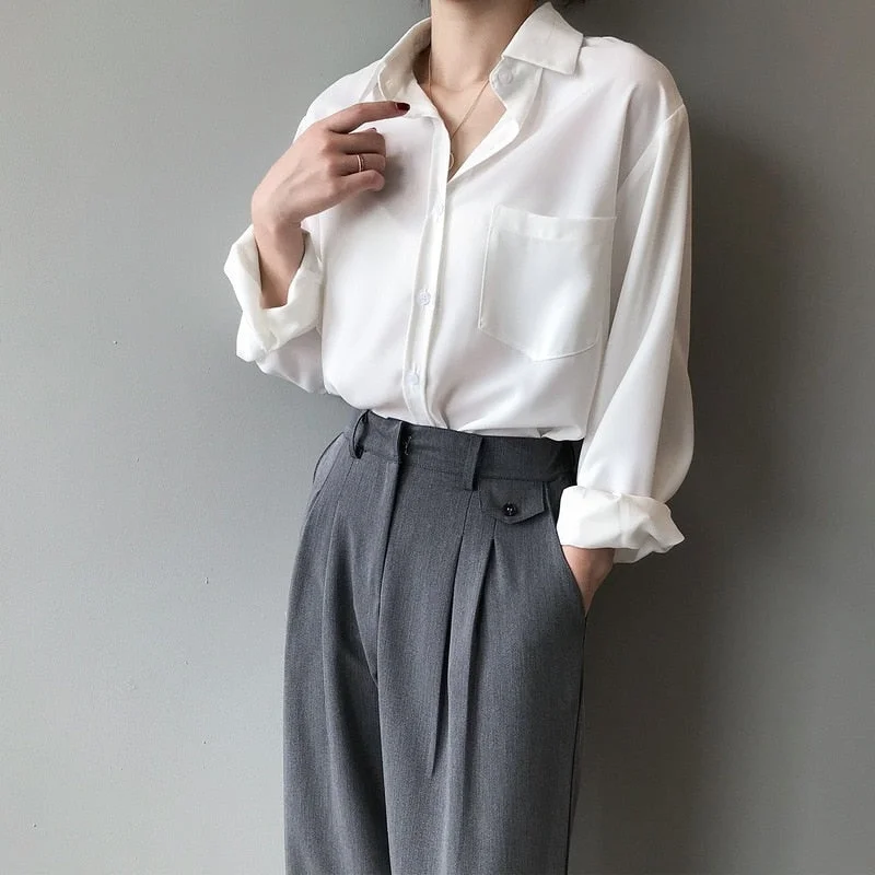 2021 Vintage Blouse Women Autumn Long Sleeve Shirt Women Korean Style Loose Casual White Tops Solid Elegant Blusas All Match