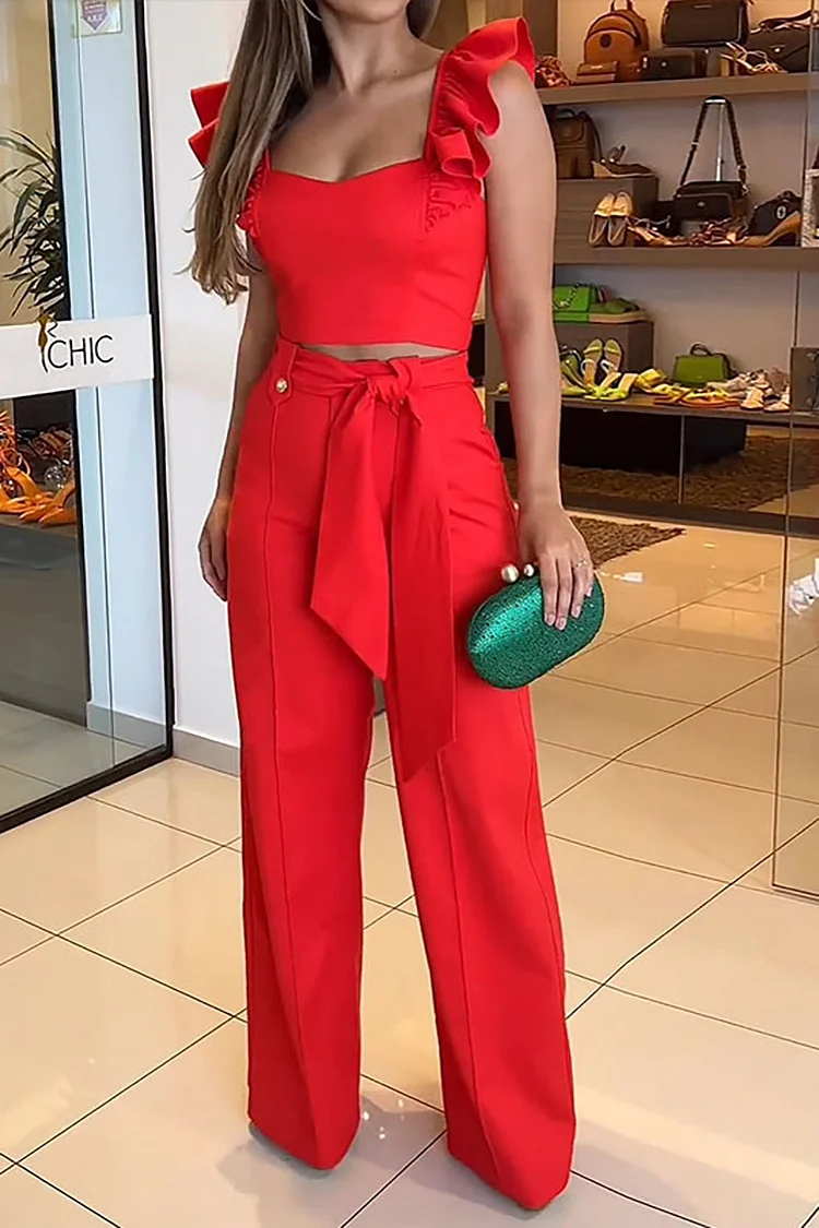 Square Neck Ruffle Straps Back Zipper Crop Top Tied Up Belt Wide Leg Matching Set