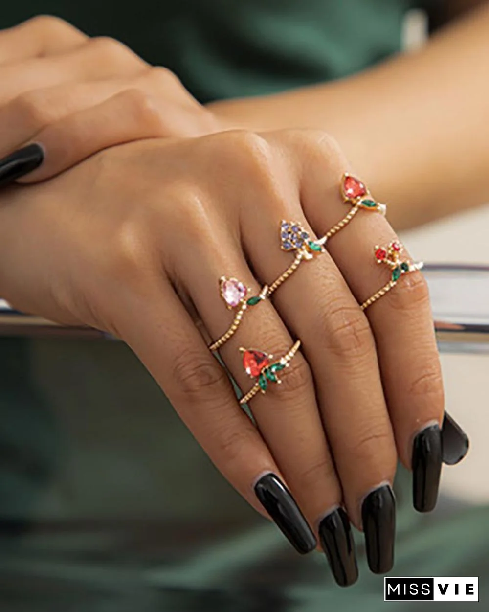 5PCS Fruit Pattern Colorful Studded Rings Set