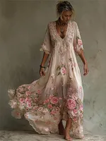 Boho Pink Roses Embroidered Lace Patchwork Linen Maxi Dress