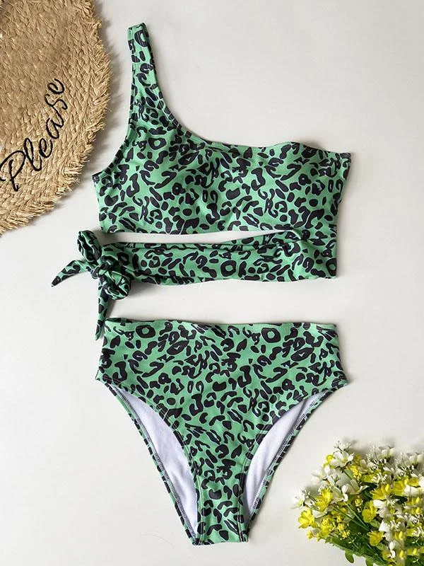 Asymmetric Bandage Leopard Print Split Bikini Swimsuit