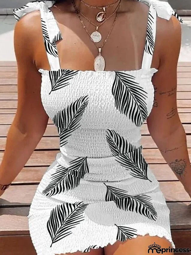 Women's Dress - Bodycon Sheath Dress Slip Dress Mini Dress White Pink Blue Sleeveless Floral Ruched Spring Summer Square Neck Stylish Weekend Slim S M L XL XXL