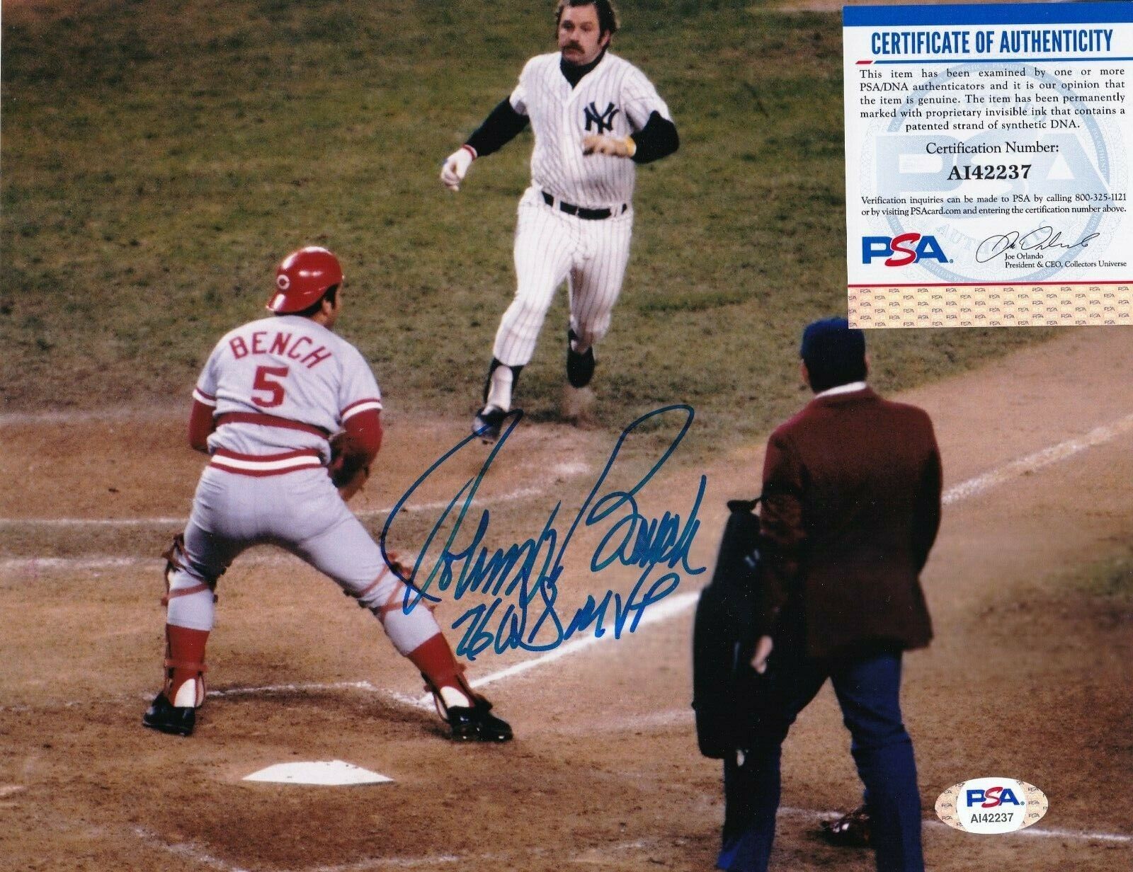 JOHNNY BENCH CINCINNATI REDS 1976 WS MVP PSA AUTHENTICATED ACTION SIGNED 8X10