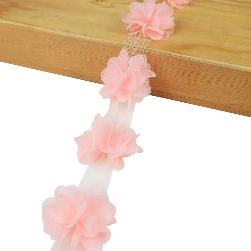2Yards 24Pcs Flowers 3D Chiffon Cluster Flowers Lace Dress Decoration Lace Fabric Applique Trimming DIY Crafts Sewing Supplies