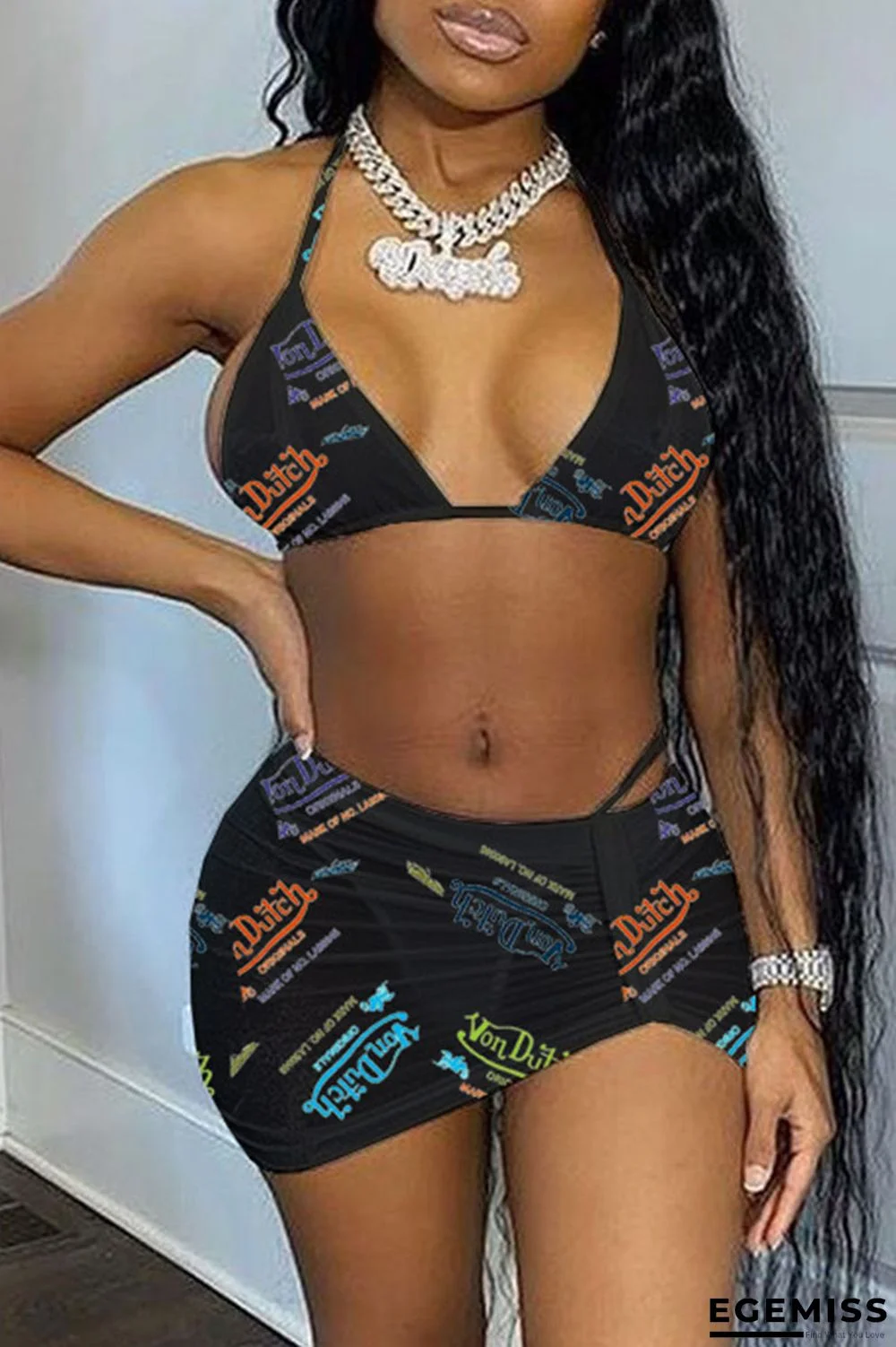 Black Sexy Letter Print Backless Halter Sleeveless Two Pieces Swimwear | EGEMISS