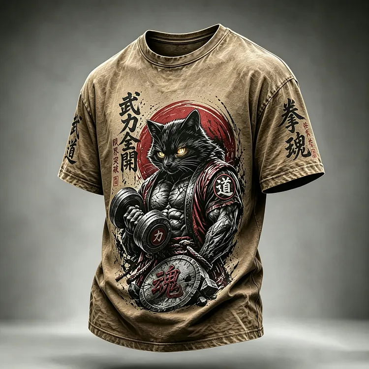 Men's Retro Black Cat Workout Japanese Art Print Casual T-shirt