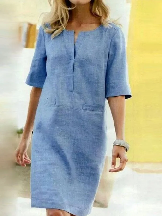 Women's Cotton Linen Short Sleeve Dress-mysite