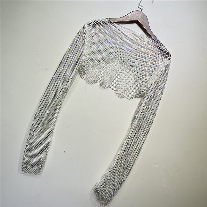 Ootddress Sparkly Crystal Crop Tops For Women Fishnet Hollow Out See Through Cropped Coat Evening Night Club Luxury Top Party Wear