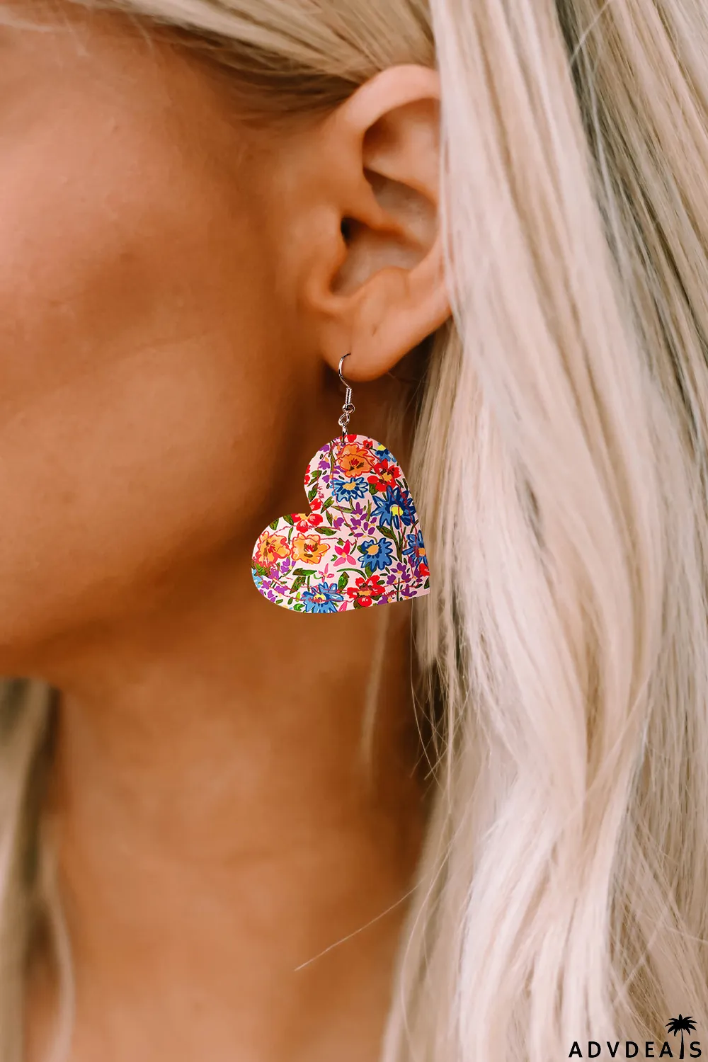 Multicolor Floral Print Heart Pendant Hook Earrings
