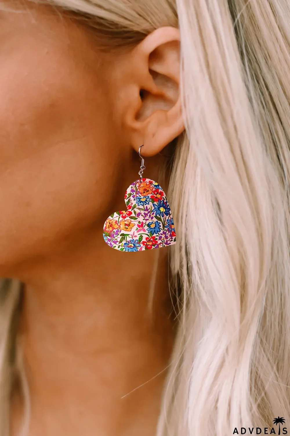 Multicolor Floral Print Heart Pendant Hook Earrings