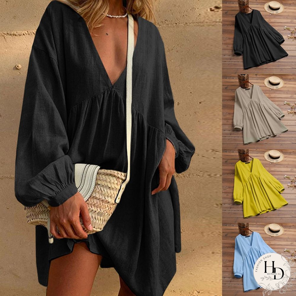 Womens Spring & Autumn Long Dress Tunic Lantern Sleeve Necklace Cotton Linen Casual Loose