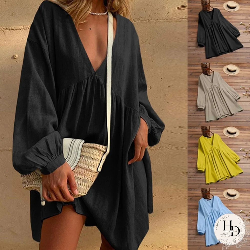 Women Spring Autumn Long Dress Tunic Lantern Long Sleeve V Neck Cotton Linen Casual Loose Pleated Midi Dress Plus Size