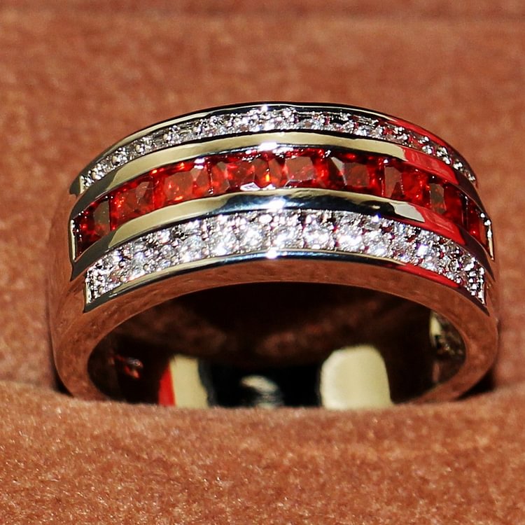 Silver Red Rhinestone Iced Out Band Ring Jewelry