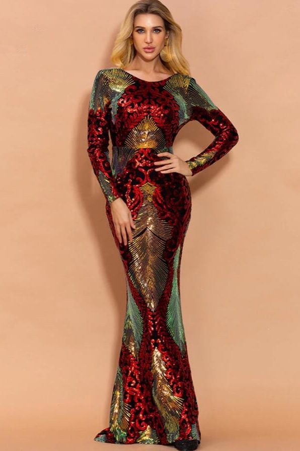 Glamorous Multi-color Sequins Long Sleeve Prom Dress Mermaid Online - lulusllly