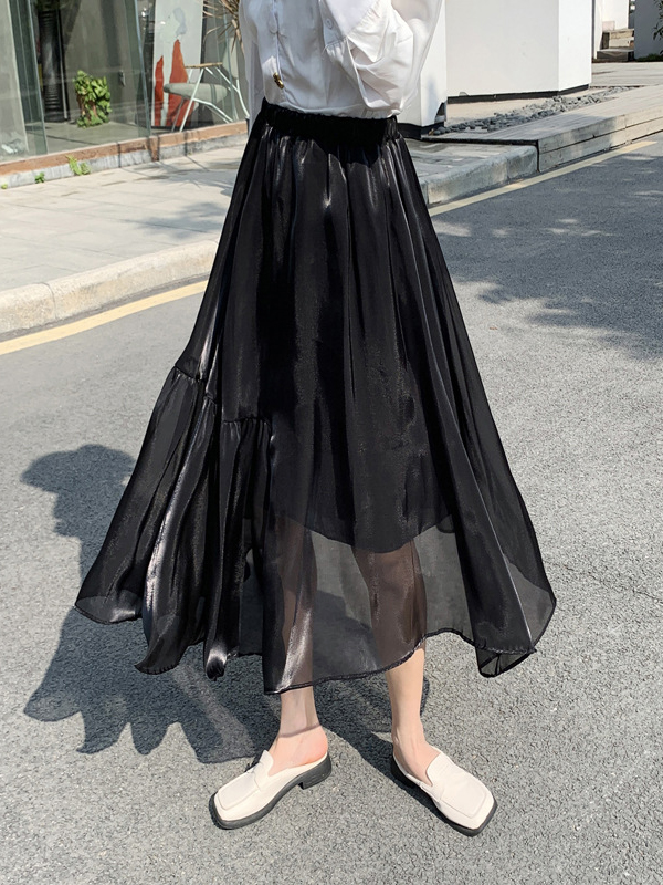 Ruffled A-Line Elegant Chiffon Midi Skirt