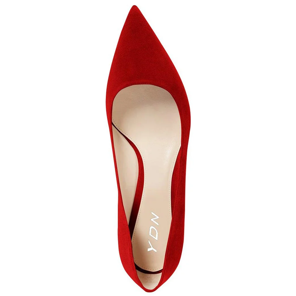 Faux Suede Pointed Toe Classy Red Pumps with Classic Kitten Heel 