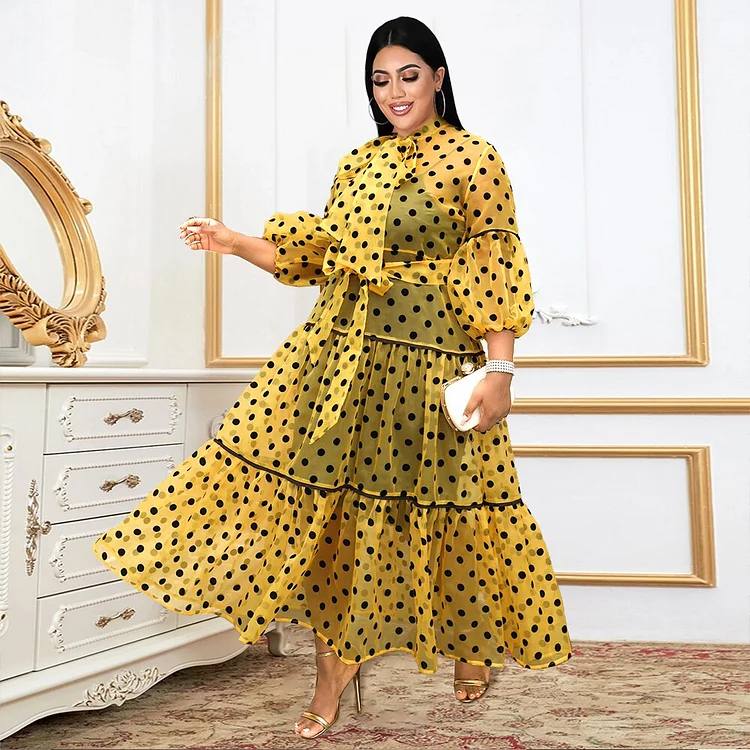 A Line Dresses for Ladies High Neck Lantern Sleeve See Through Dot Ball Gowns Outfits Plus Size Curvy Women Evening Party Autumn QueenFunky