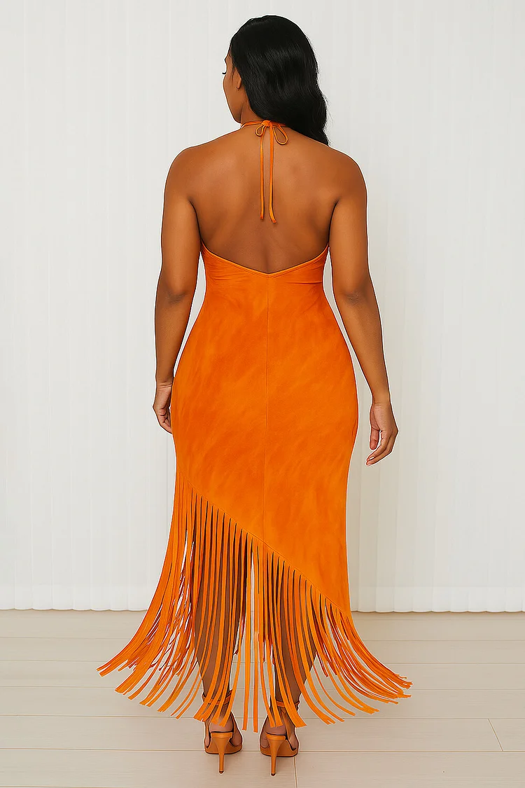 Cross Halter V Neck High Low Fringe Hem Party Maxi Dresses-Orange [Pre Order]