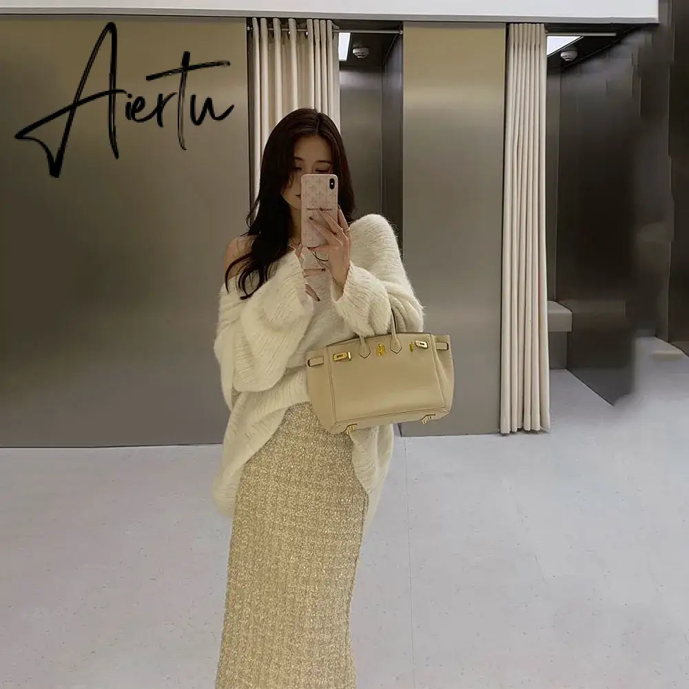 Aiertu Autumn Winter Small Fragrance Wind Tweed Skirt Women Fashion High Waist Ladies Business Skirts Woman Korean One Step Skirt Aiertu