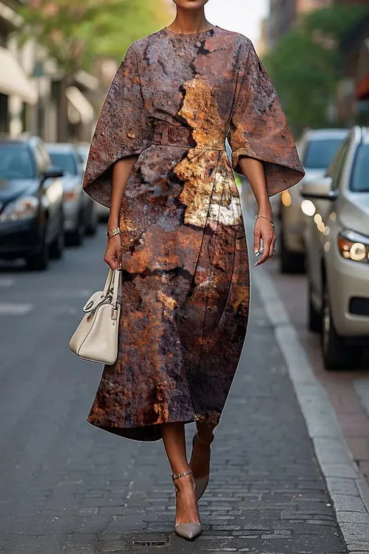 Rusty Rustic Long Dress Elegant Vintage Rust Art Print Midi Dress