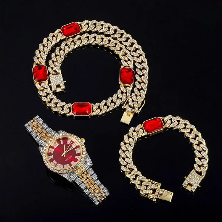 12MM 3pcs Iced Out Watch+Cuban Chain+Bracelet Hip Hop Jewelry Set-VESSFUL