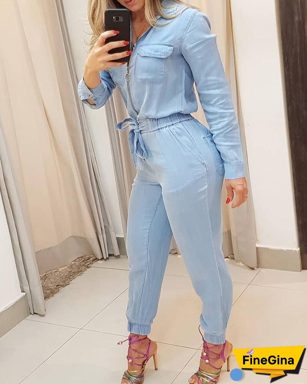 Female Long Sleeve Slim Fit Lace Up Waist Jumpsuit Casual Jumpsuits