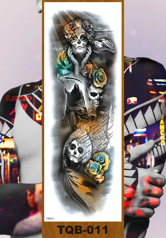 Full Flower Arm Temporary Tattoo Sticker Man Woman Body Leg Fake Tatoo Skull Night Demon Grim Reaper Good and Evil Waterproof