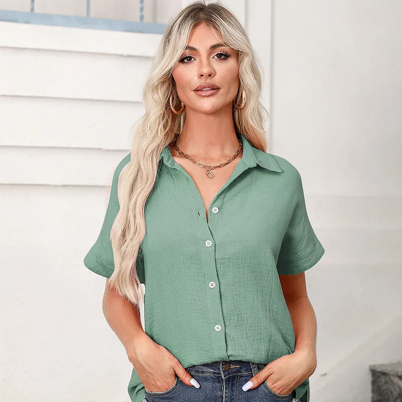 Women's Lapel Dolman Short Sleeve Crinkle Casual Shirt