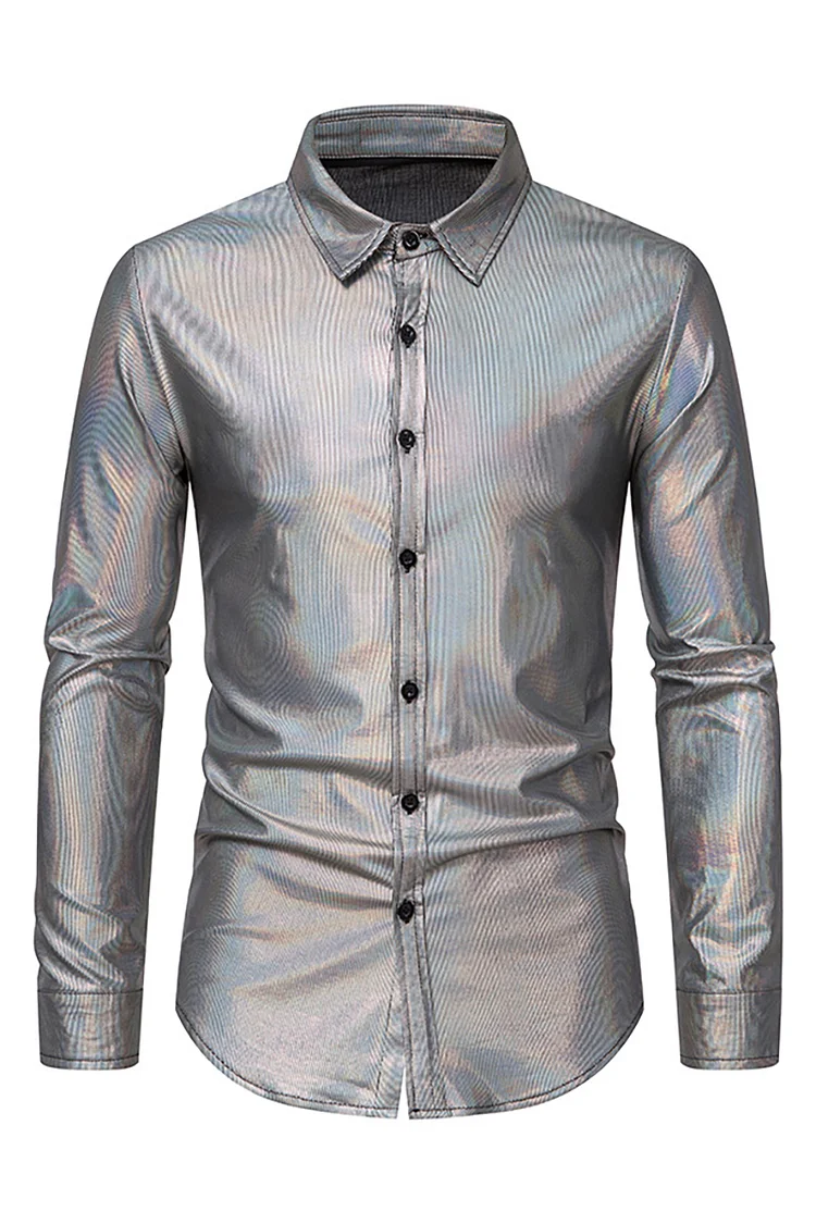 Laser Metallic Printing Turndown Collar Long Sleeve Loose Casual Shirt