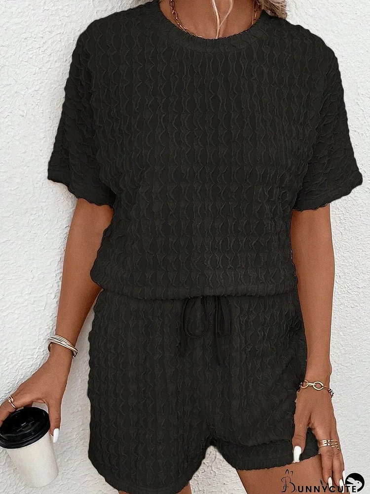 Frilled Black Textured Top with Matching Drawstring Shorts