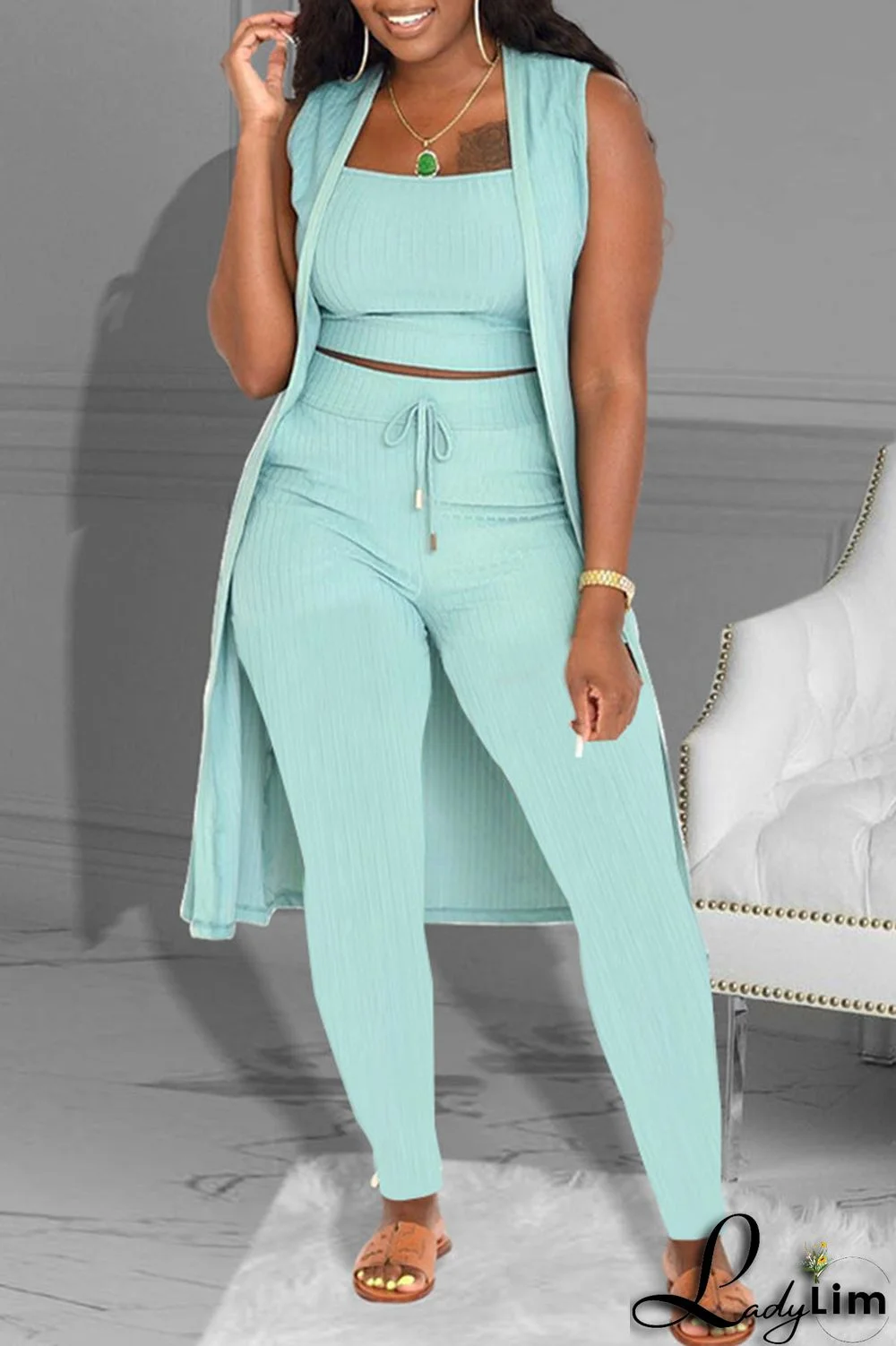Sky Blue Fashion Casual Solid Patchwork Sleeveless Three-piece Set