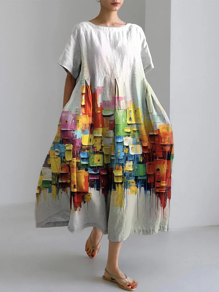 Oil Painting Texture Abstract Art Print Linen Dress