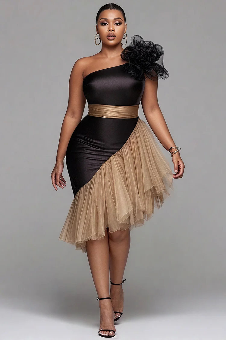 Xpluswear Design Plus Size Cocktail Party Tulle Black One Shoulder Contrast Elegant 3D Satin Midi Dresses [Pre-Order]
