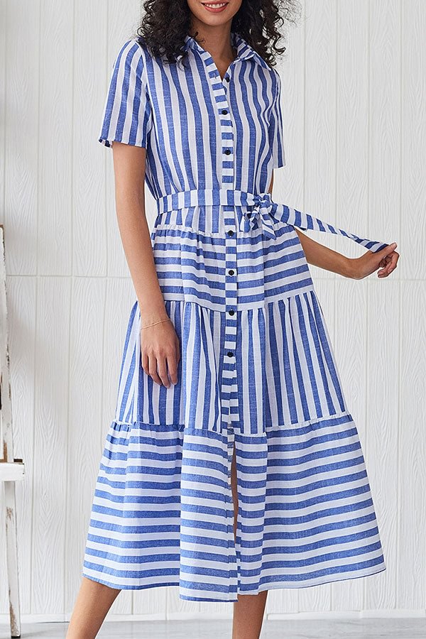 Striped Button Up Belt Shirt Dress - Shop Trendy Women's Clothing | LoverChic