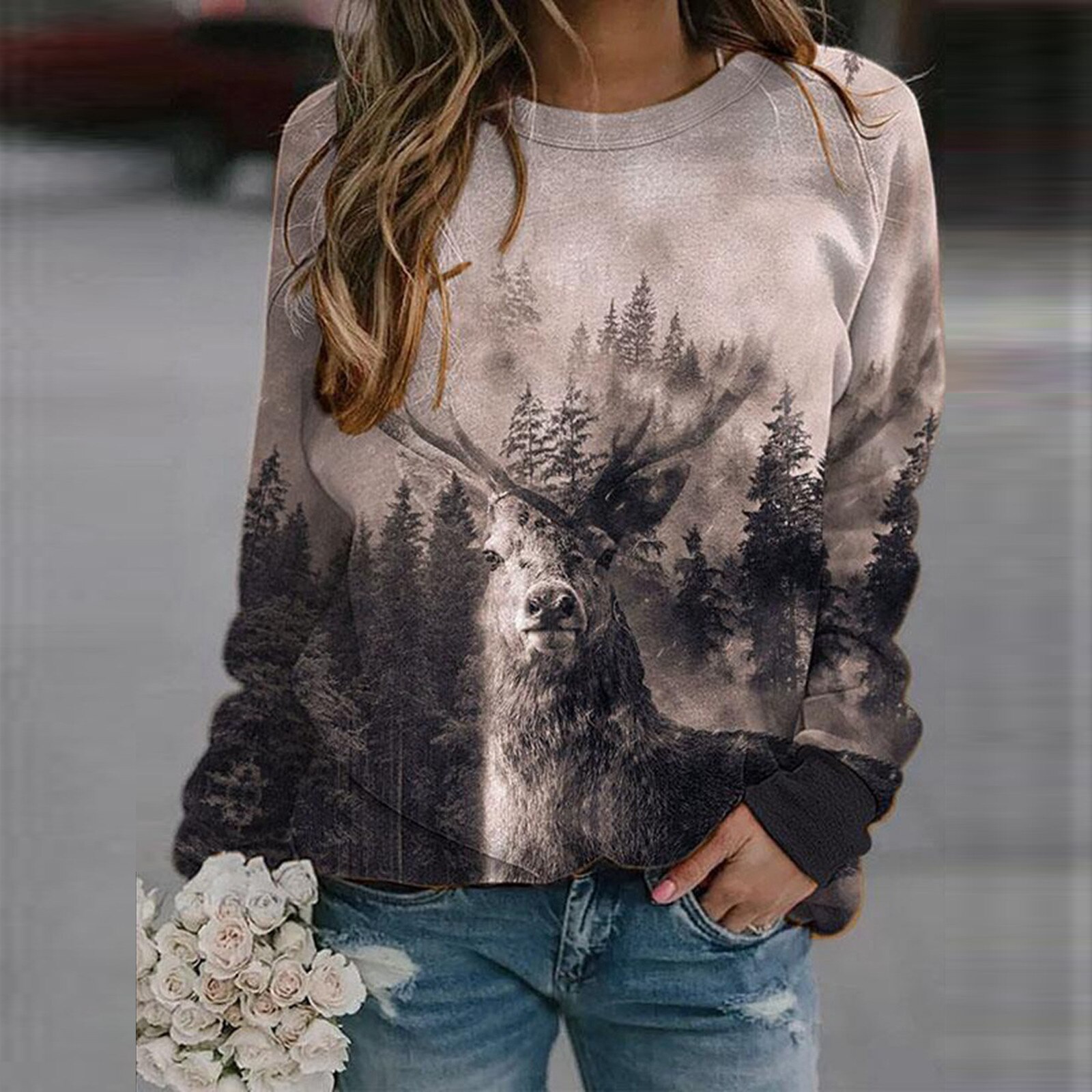 Women Mountains Print Sweatshirt Casual Blouse Pullover Long Sleeve