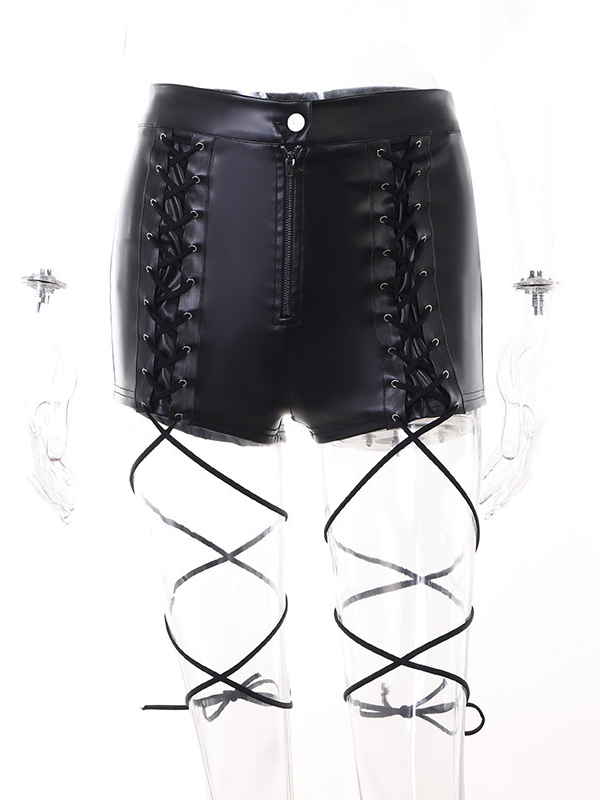 Gothic Dark Punk Bandaged Solid Pattern High-rise PU Paneled Shorts