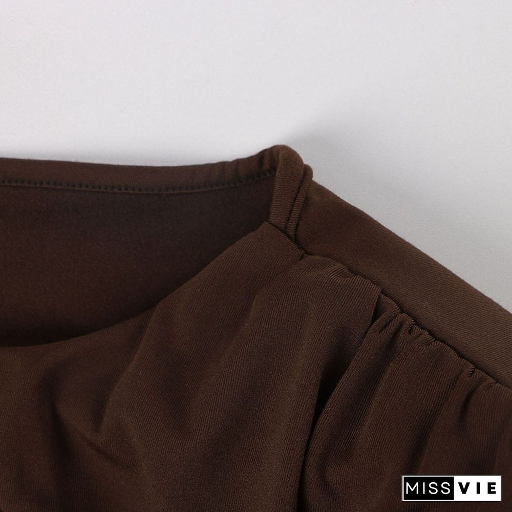 O Neck Brown Long Sleeve Crop Top Women Basic Casual Autumn Winter Sexy T Shirts Black Ruched Streetwear Fashion
