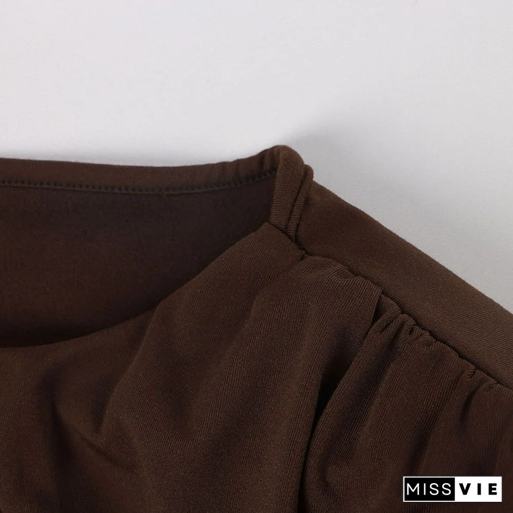 O Neck Brown Long Sleeve Crop Top Women Basic Casual Autumn Winter Sexy T Shirts Black Ruched Streetwear Fashion