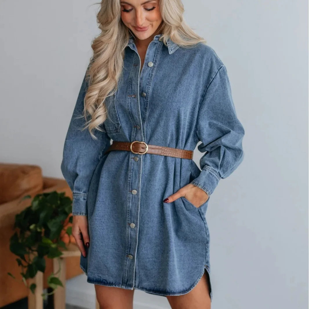 Women's Long Sleeve Denim Mini Dress Casual Loose Lapel Shirt Dress
