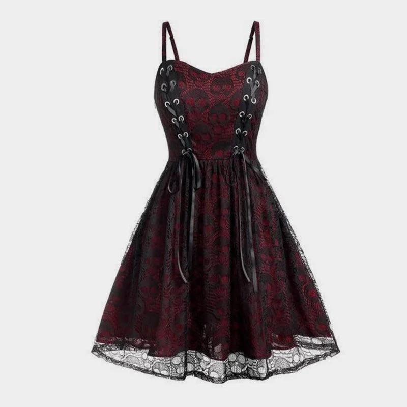 Skulls Lace Mesh Sling Strap Dress