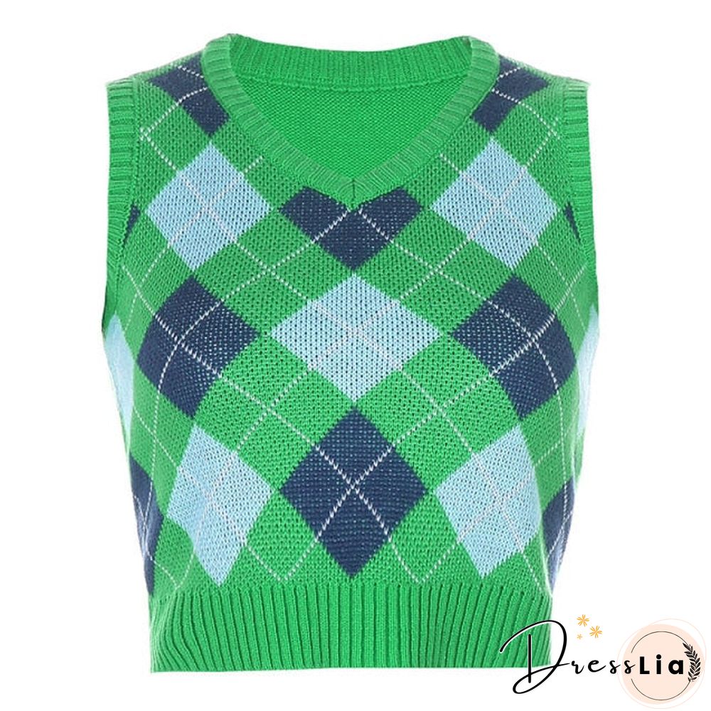 V Neck Vintage Argyle Sweater Vest Women Black Sleeveless Plaid Knitted Crop Sweaters Casual Autumn Preppy Style tops